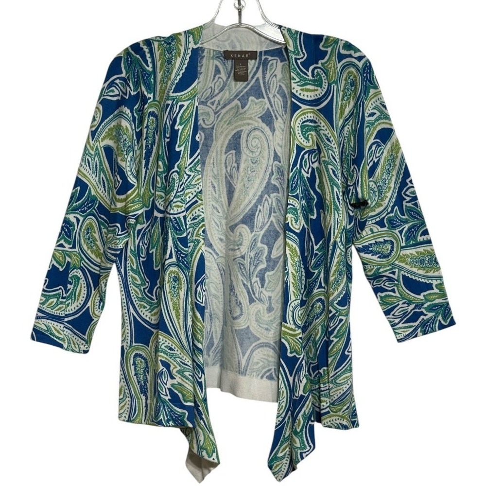 Kenar Cardigan Women Blue Green Paisley Open Front Draped 3/4 Sleeve Coastal L